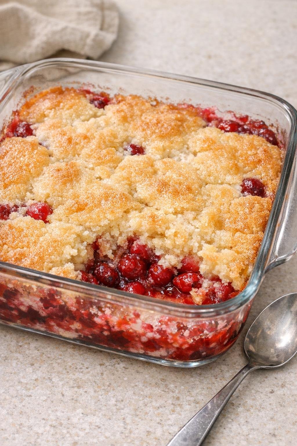Baked cranberry dessert in a glass dish