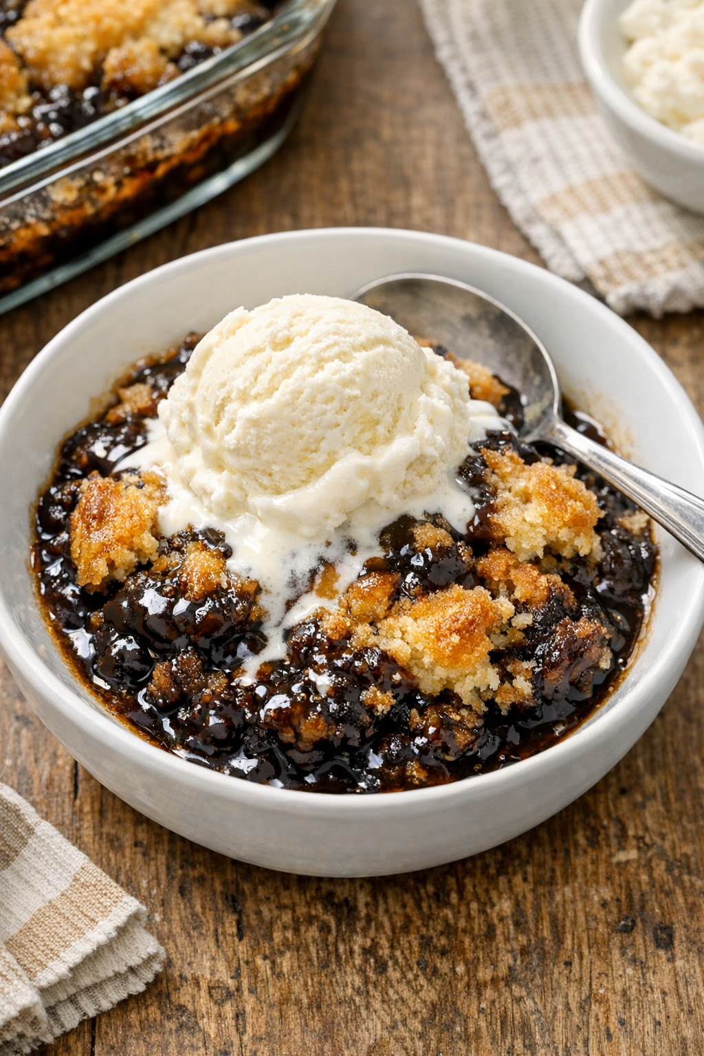 Warm baked root beer hot fudge dessert served with vanilla ice cream