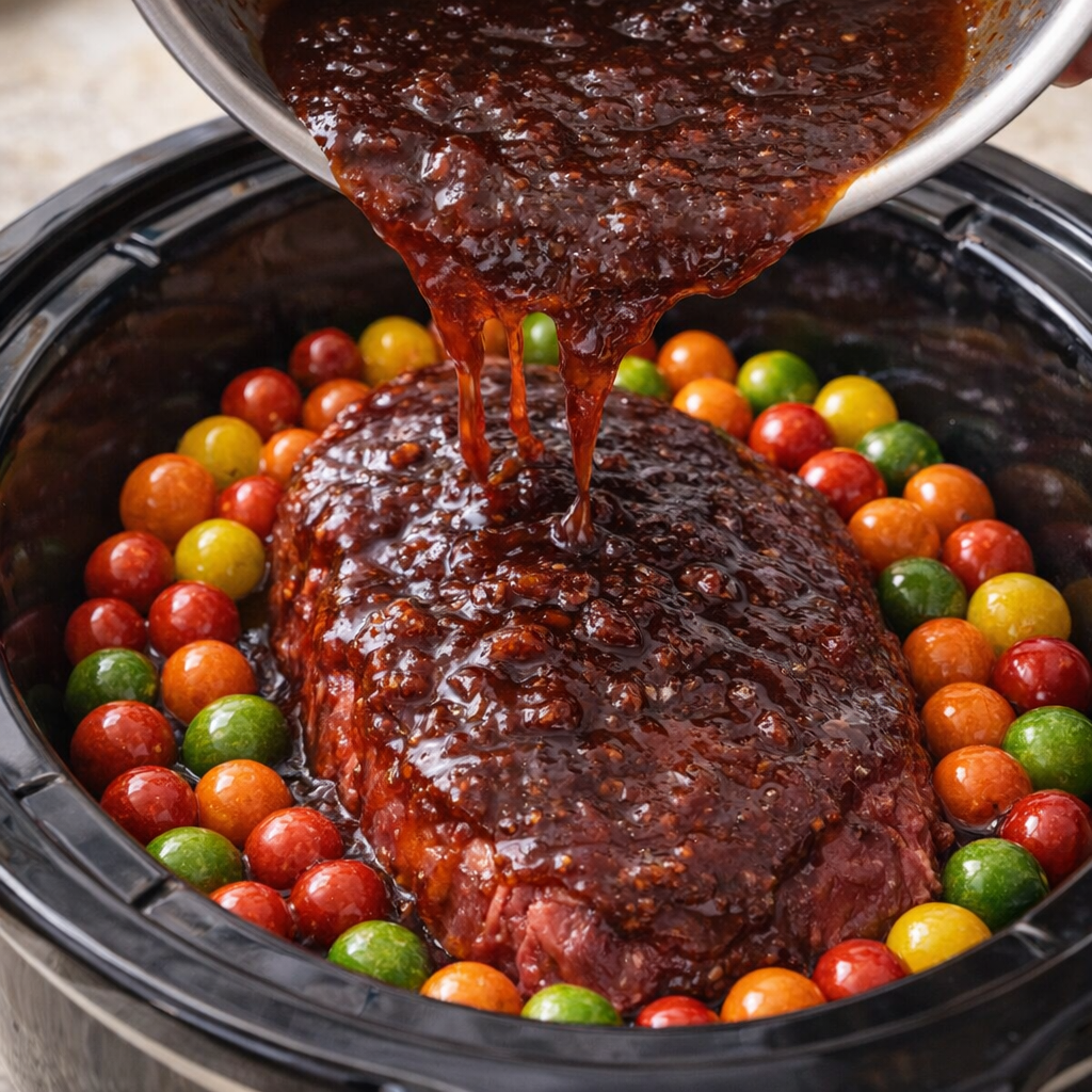 Barbecue cherry cola sauce being poured over steak