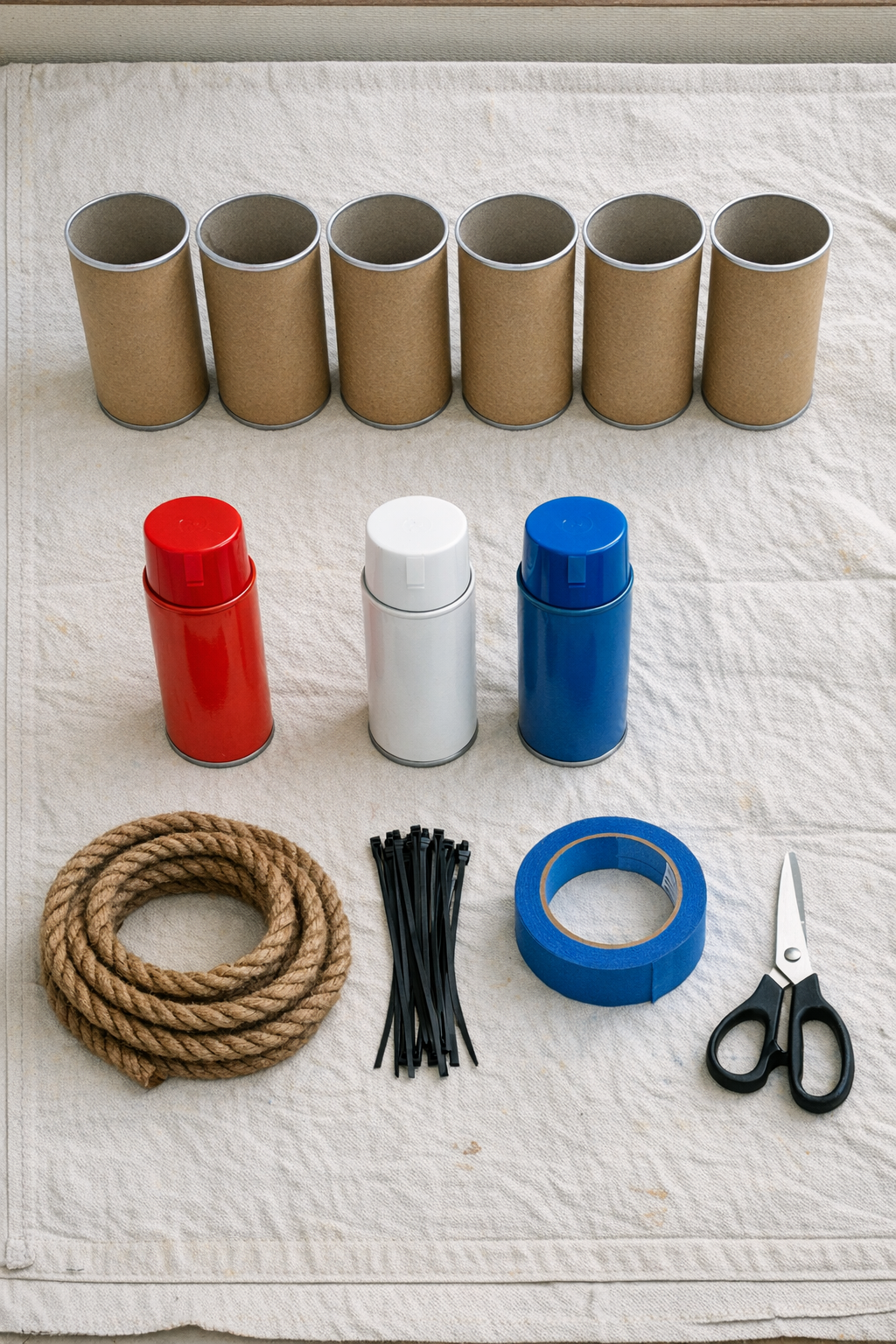 Materials for patriotic porch firecracker craft laid out on a table