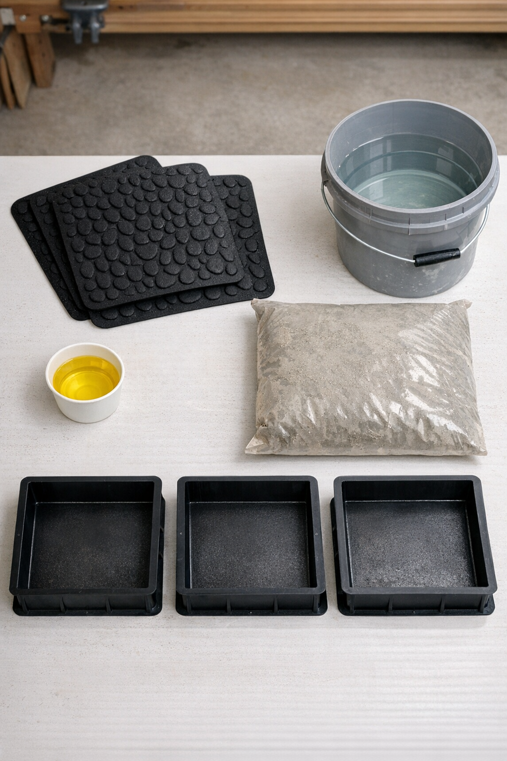 Materials for making textured patio pavers laid out on a work surface