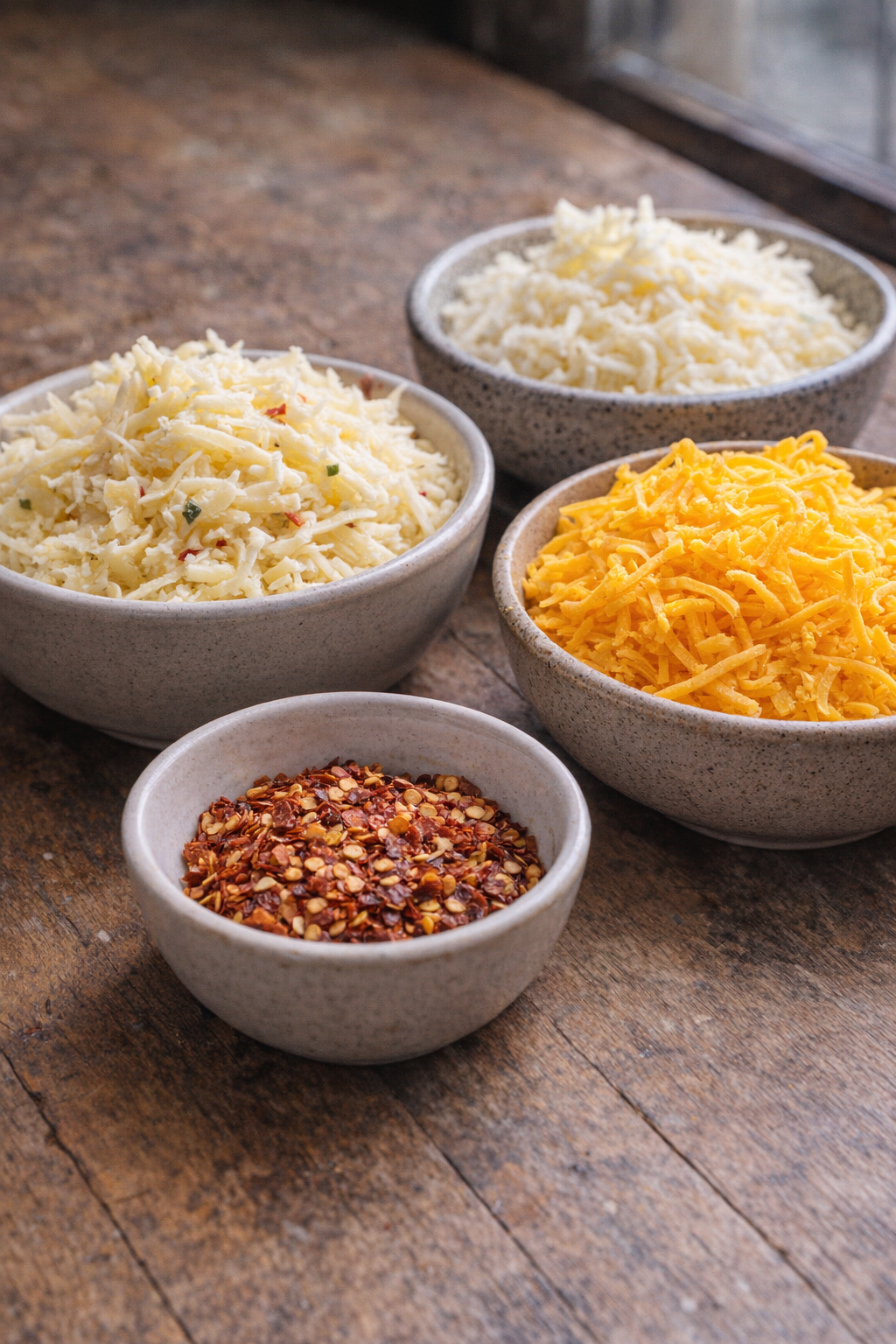 Small bowls of cheese and seasonings for variations