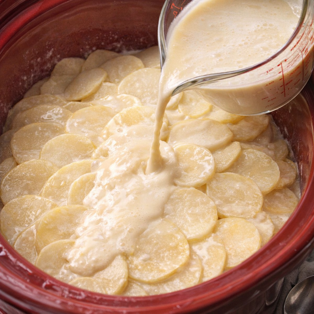 Potato slices layered in a slow cooker with creamy liquid poured over