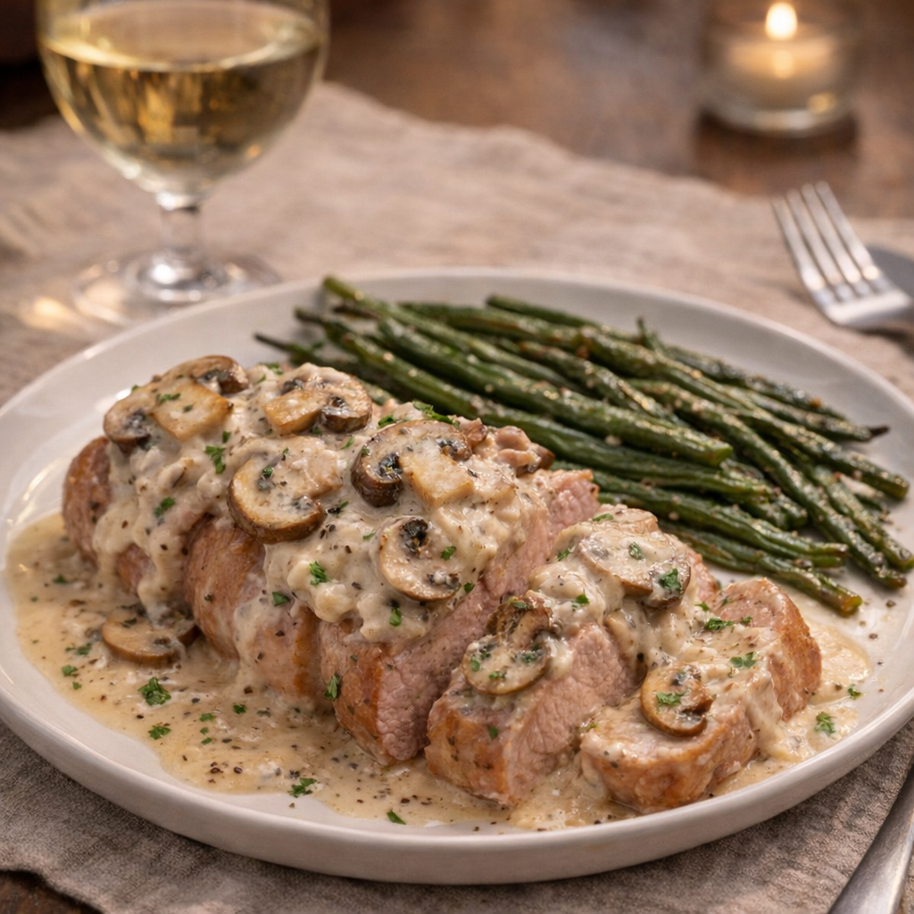 Creamy mushroom pork served with green beans and wine