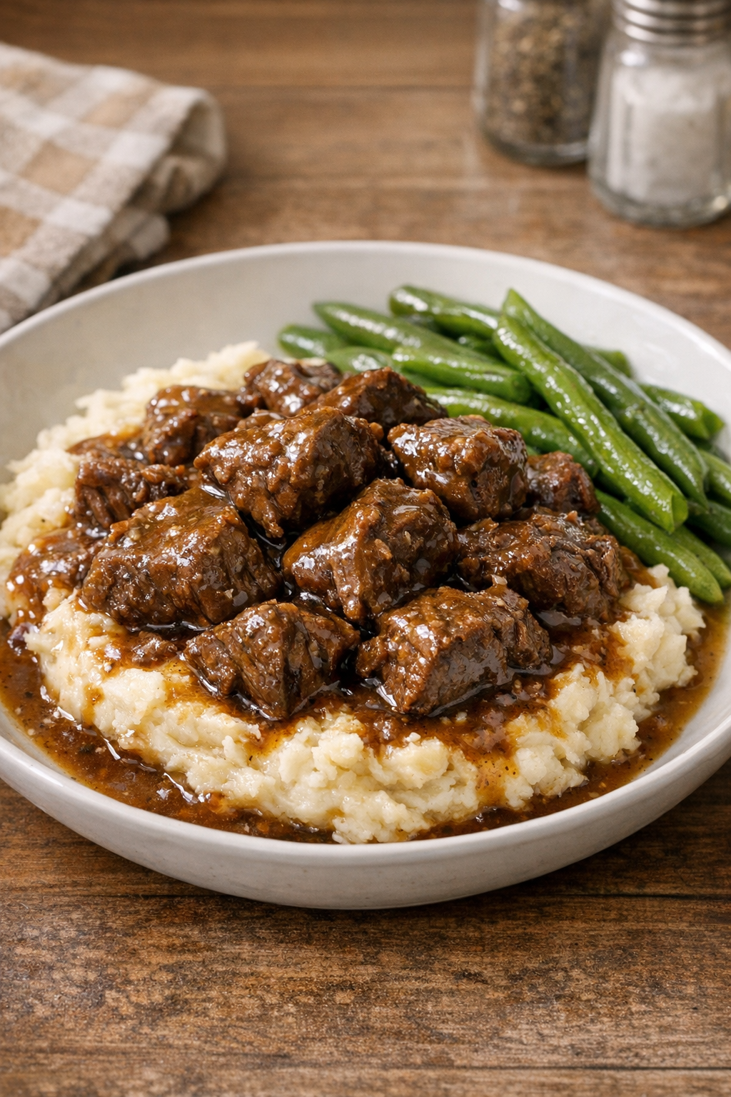 Finished beef sirloin bites plated with rich gravy and simple sides