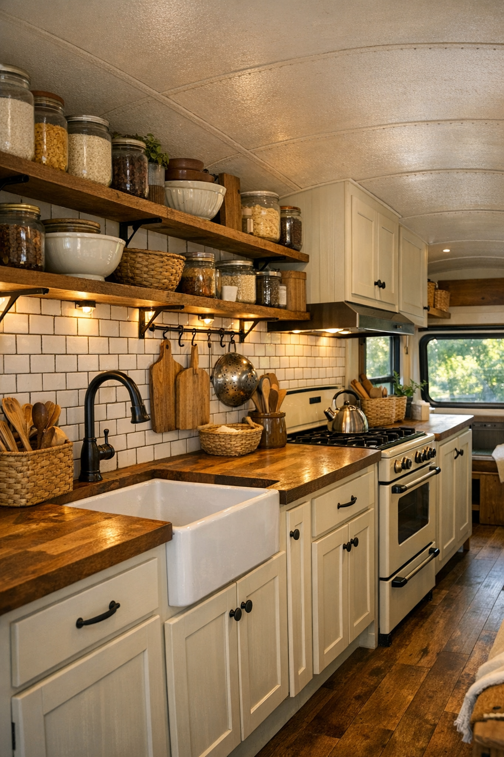 Practical farmhouse-style kitchen in a converted bus with butcher block counters and open shelving