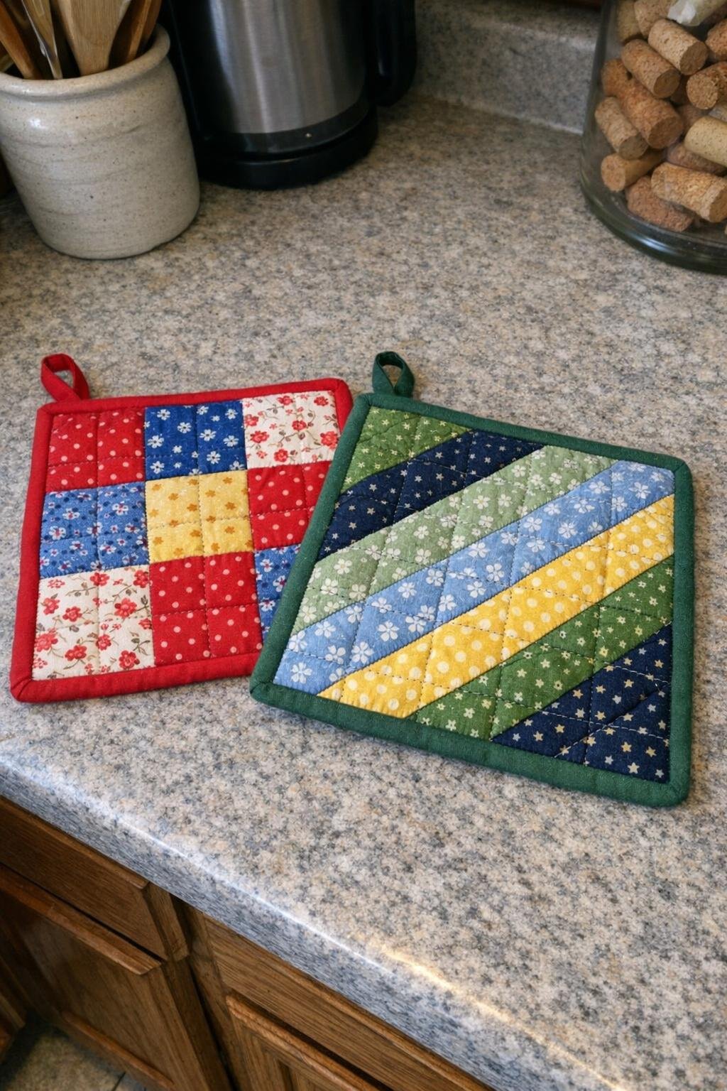 Quilted pot holders made with towel layers inside
