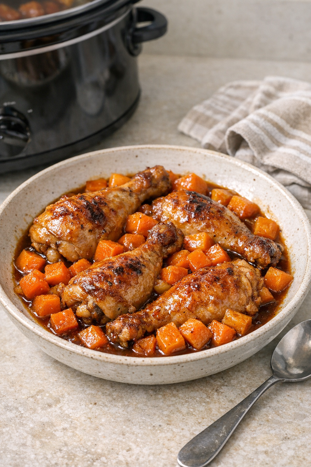 Finished slow cooker chicken with orange root vegetables in a serving dish