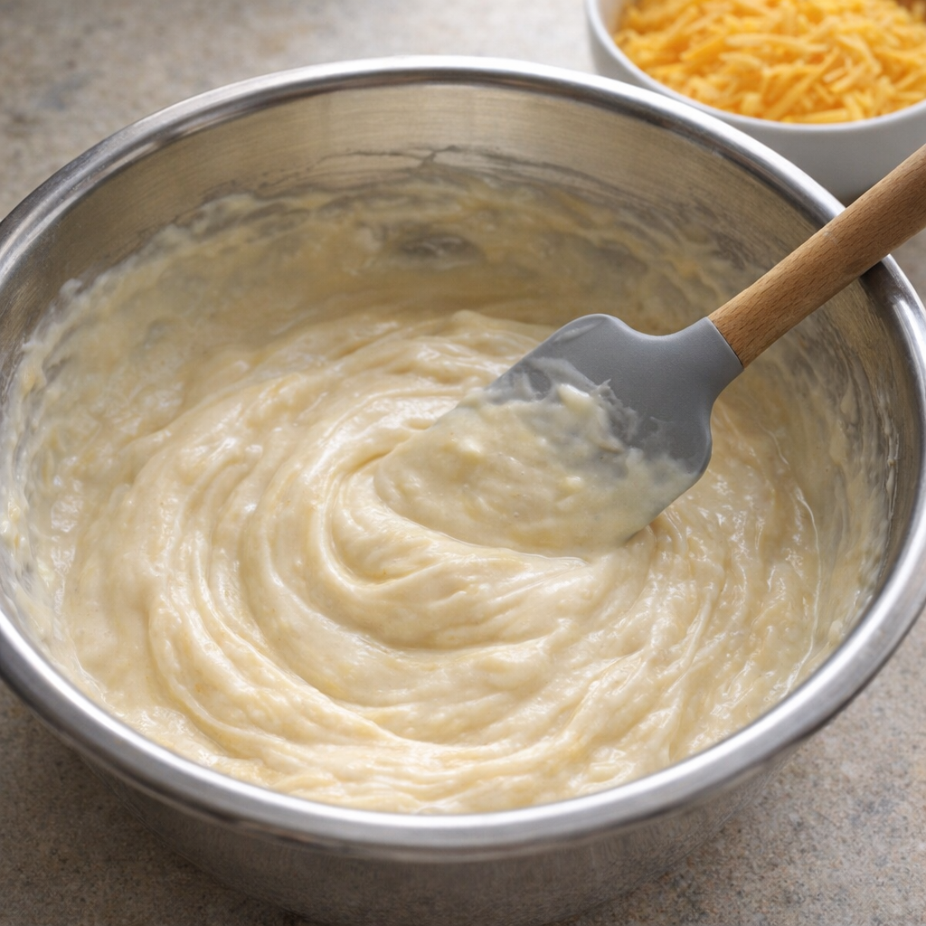 Creamy soup and sour cream mixture being stirred in a bowl