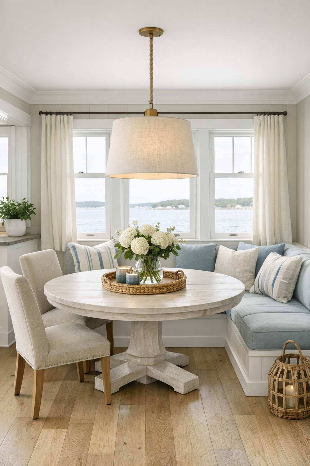 Coastal dining area with round whitewashed oak table and soft pendant light