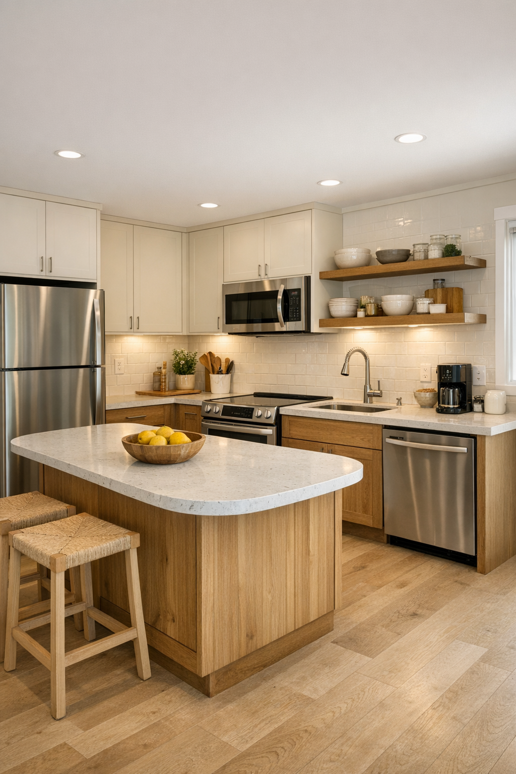 Accessible kitchen with creamy cabinets, warm wood accents, and quartz countertops