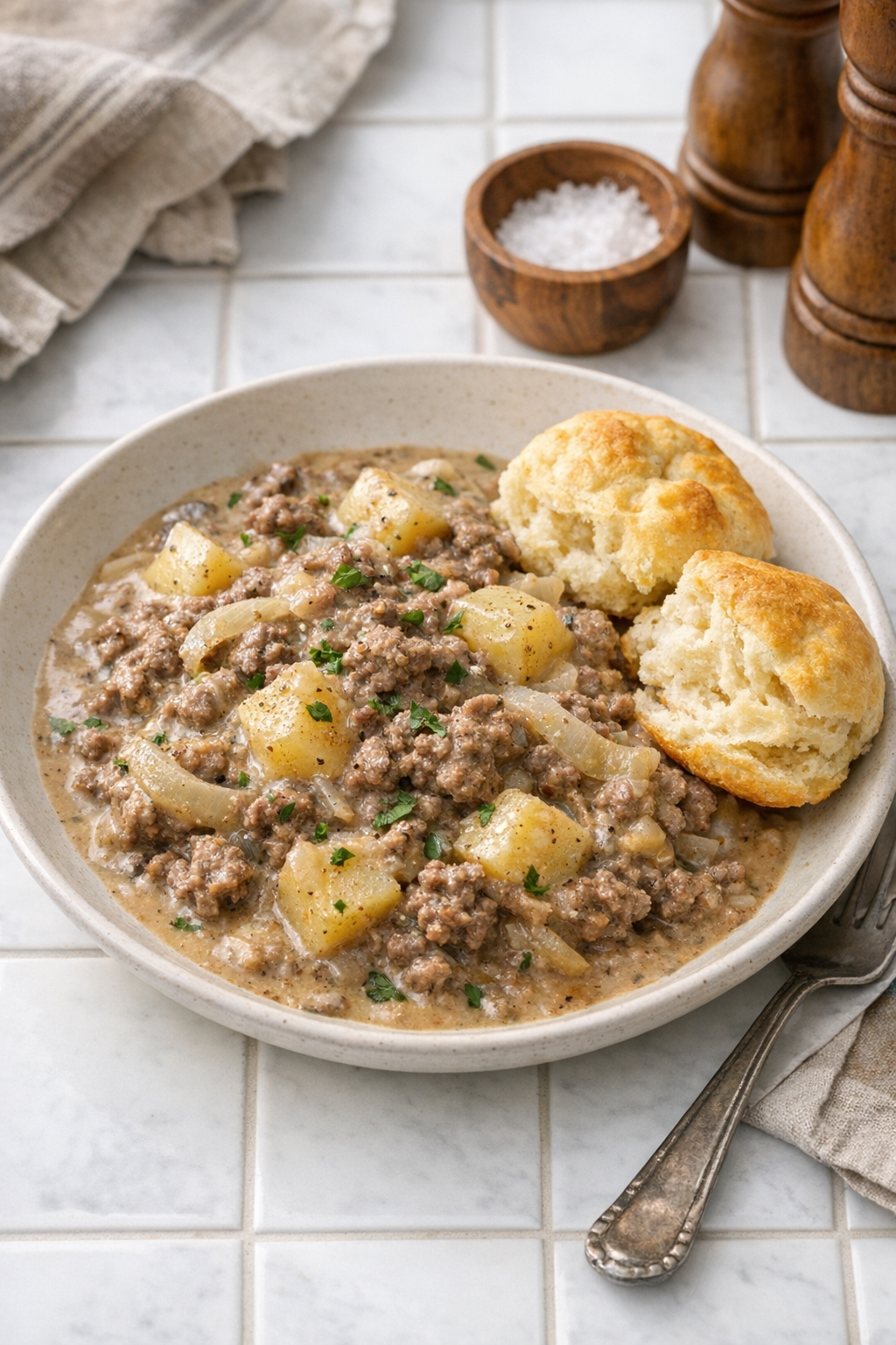 Plated freedom gravy served with biscuits