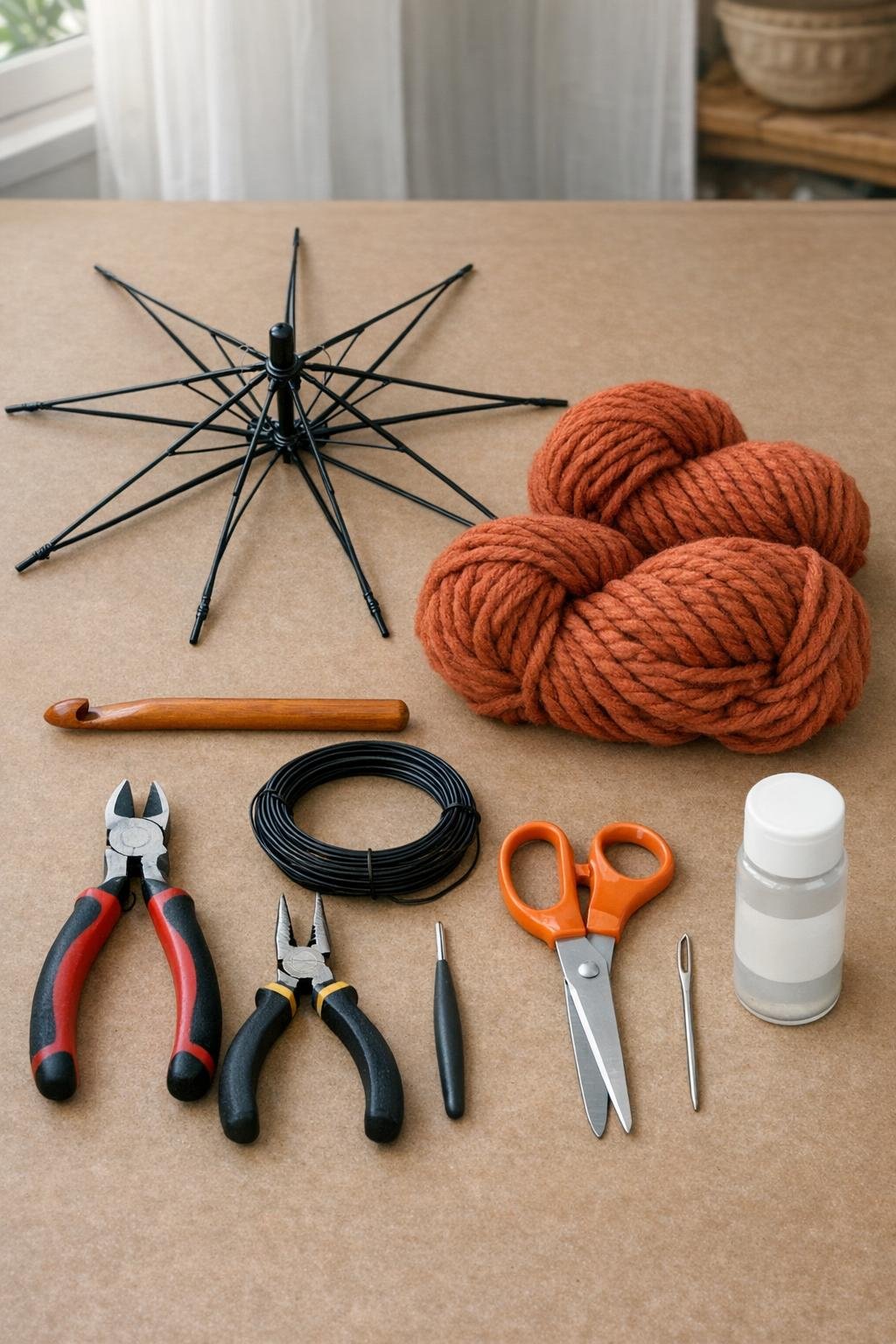 Materials for a crochet basket made from an umbrella frame and chunky rust yarn
