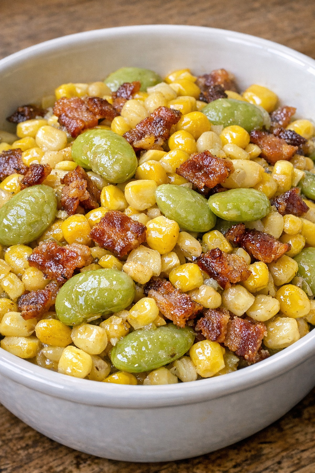 4-ingredient succotash in a white ceramic serving bowl
