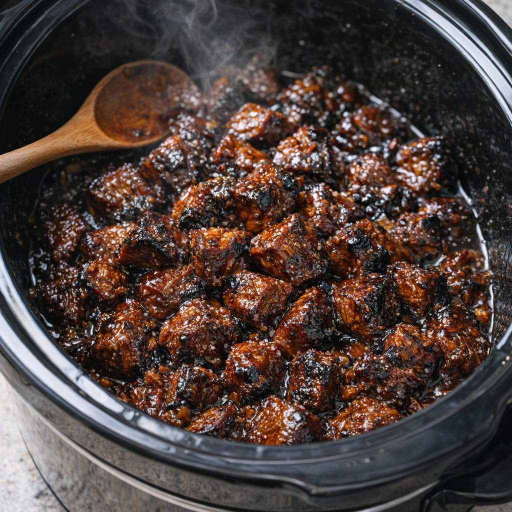Slow cooker burnt ends glistening in sauce