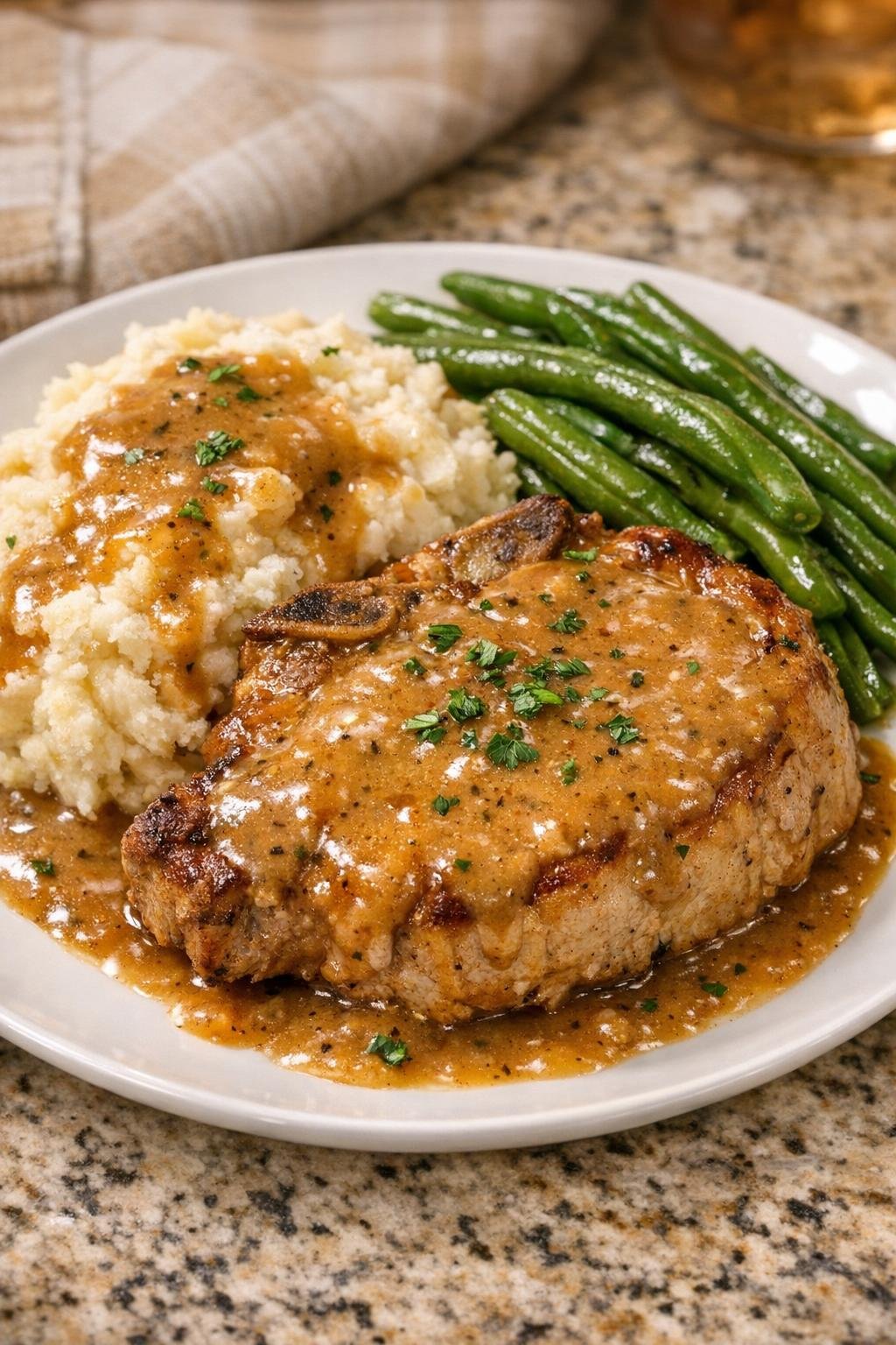 Plated pork chops with mashed potatoes and gravy
