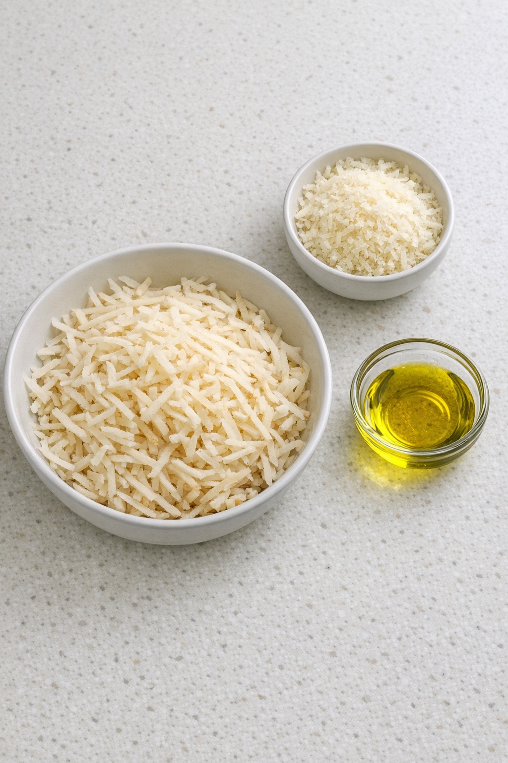 Shredded potatoes, Parmesan, and olive oil on a counter
