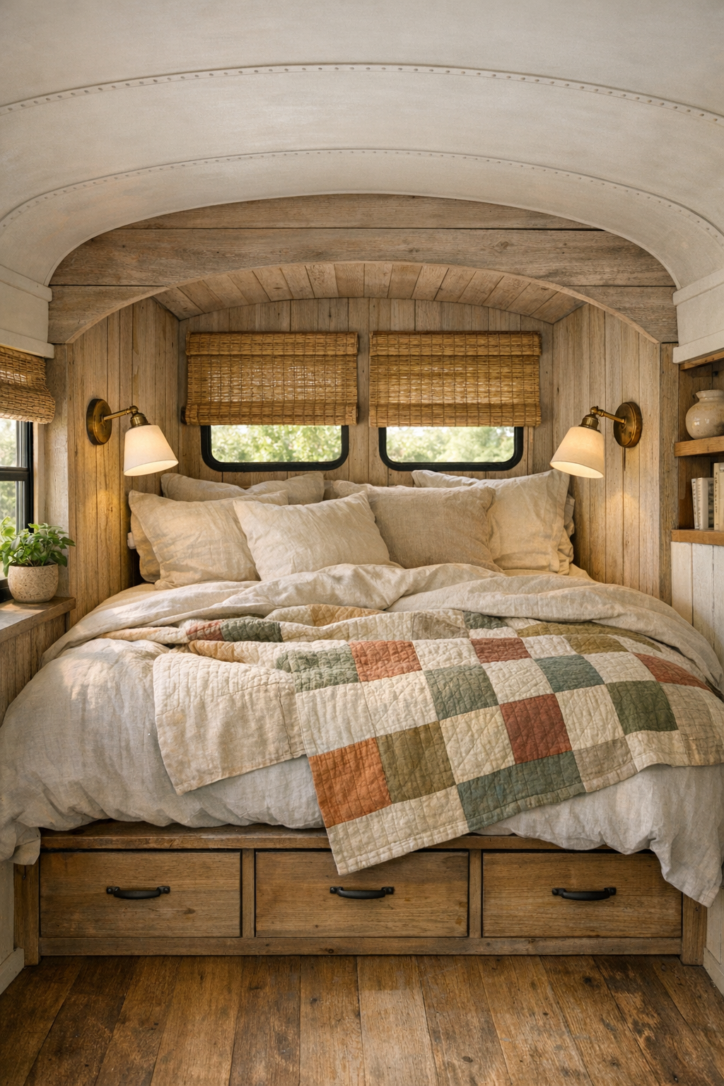 Cozy bus bedroom with layered linens, quilt, and built-in storage