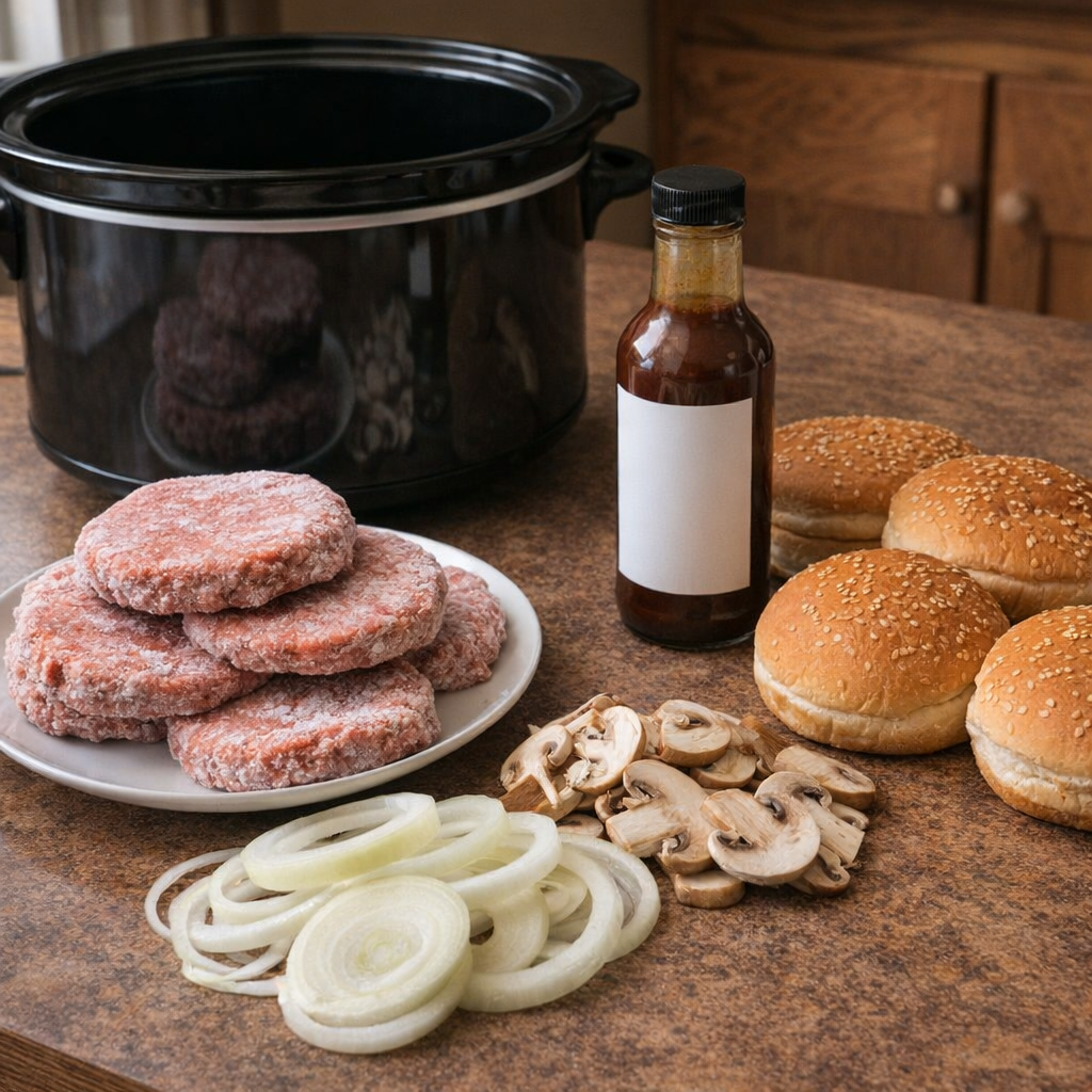 Burger ingredients arranged on a kitchen counter