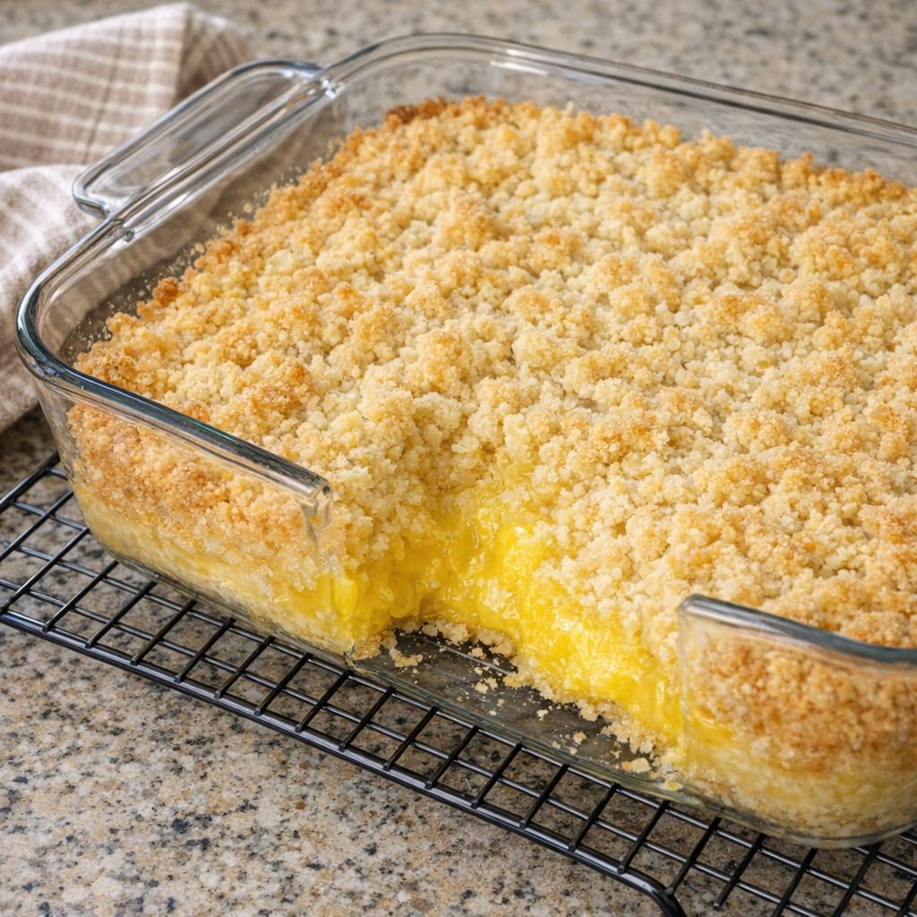 Freshly baked lemon cake bars in a glass dish
