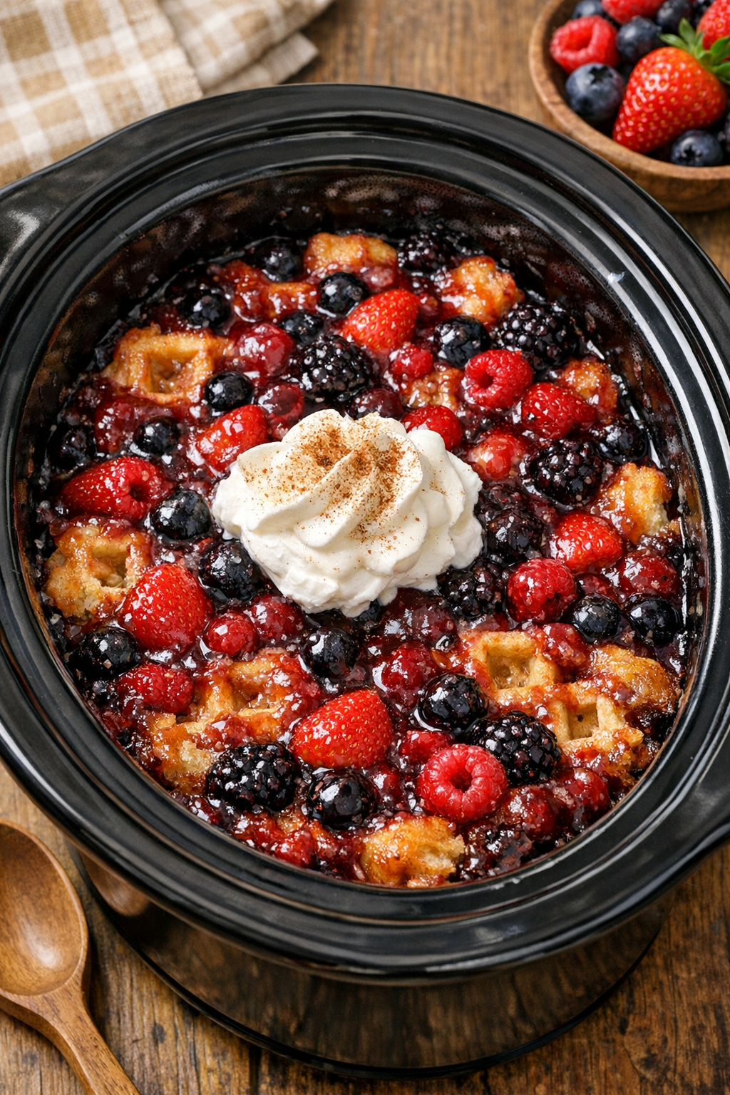 Finished waffle berry cobbler in a slow cooker
