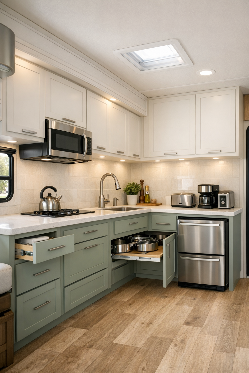 Accessible RV kitchen with pale cabinetry, light counters, and efficient modern storage