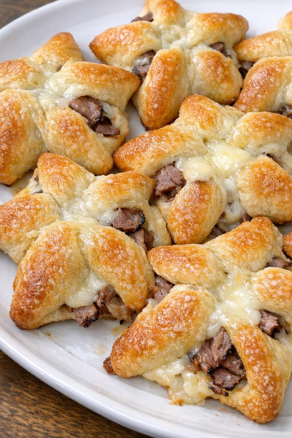 Golden brown crescent dough stars filled with roast beef and Monterey Jack cheese