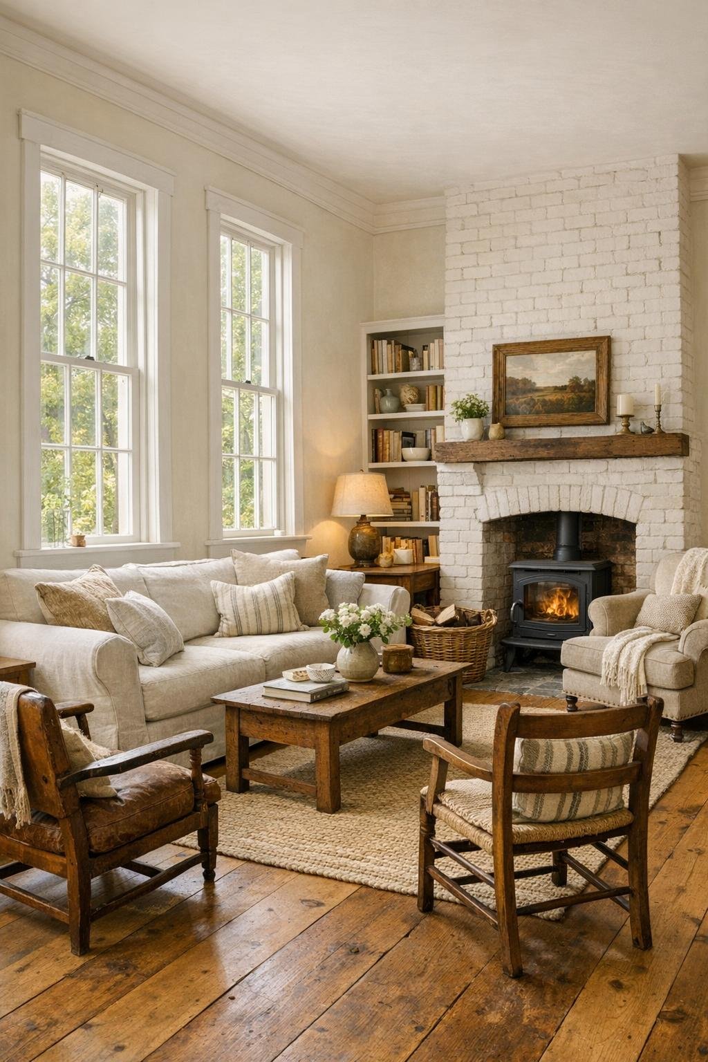 Cozy living room with a reading nook by tall windows in a converted schoolhouse cottage