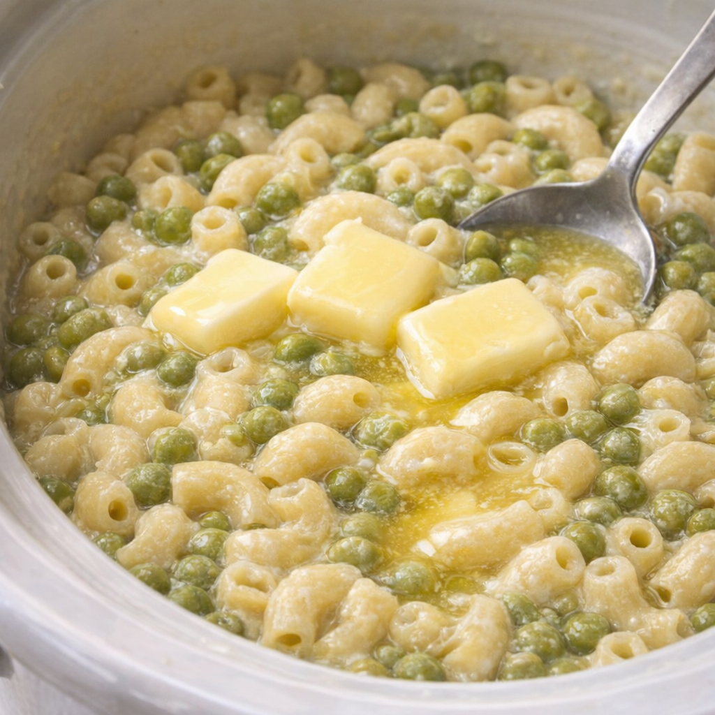 Butter melting over pea macaroni in the slow cooker