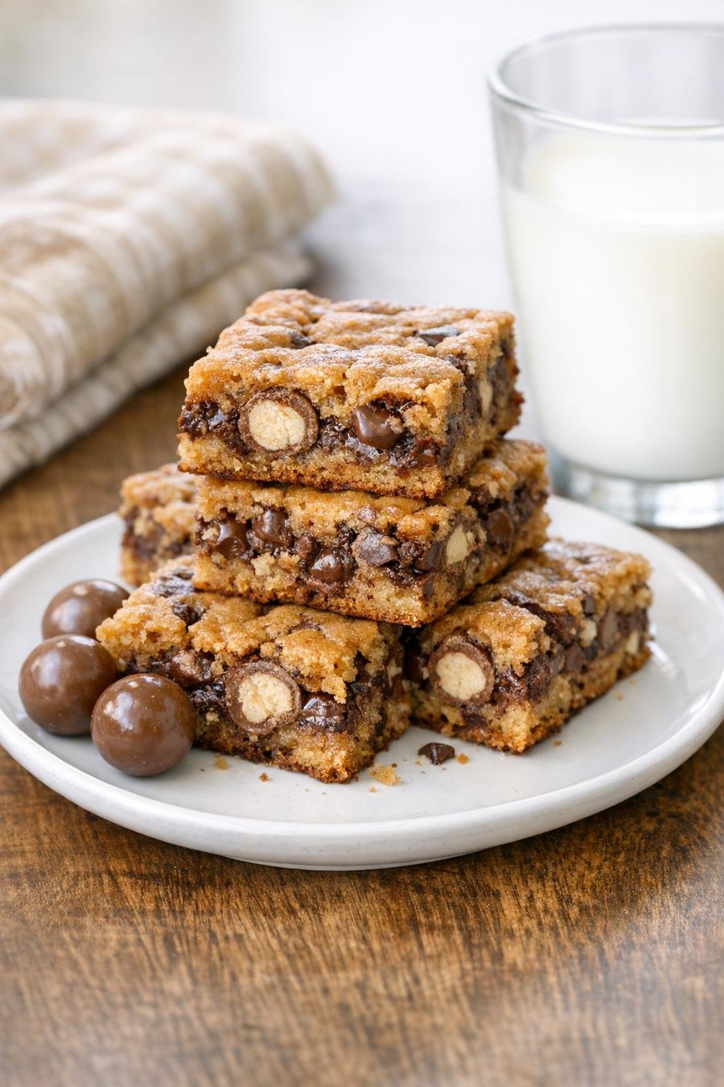 Chocoladerepen met moutmelk, in vierkantjes gesneden, op een bord.