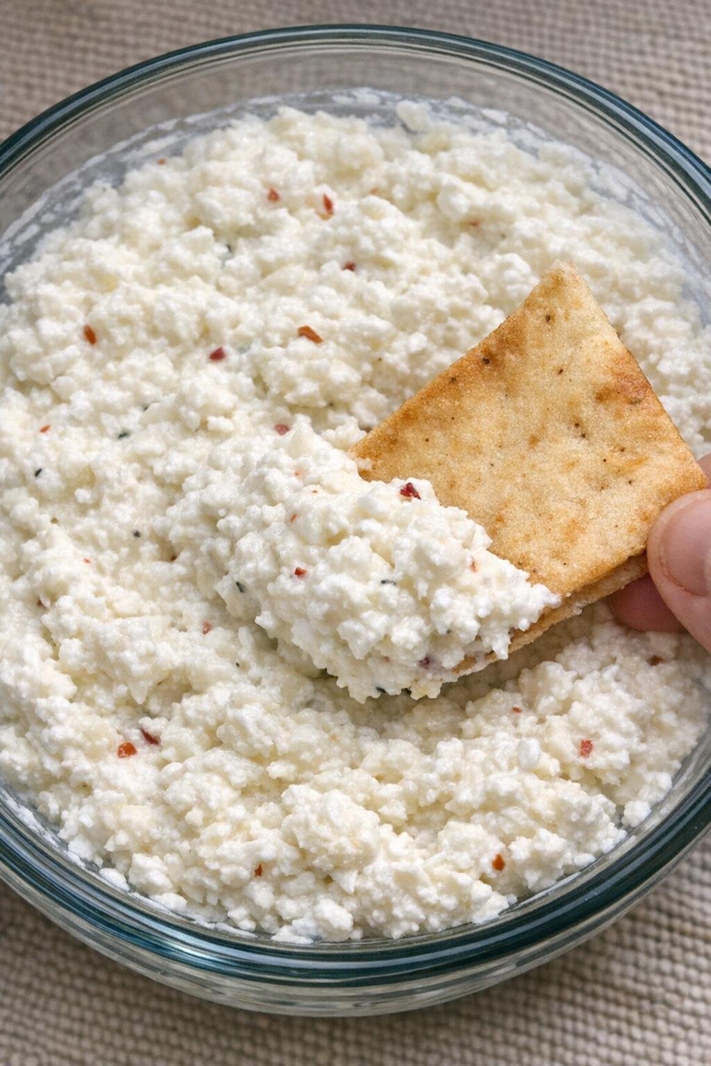 3-ingredient feta remington dip in a glass bowl with a pita chip scooping