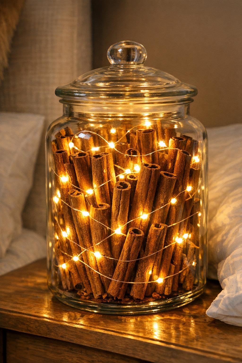 Finished cozy bedroom light in a clear apothecary jar with cinnamon sticks and warm lights