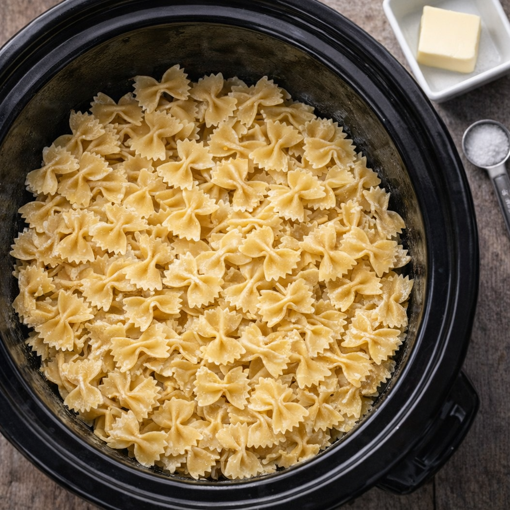 Dry farfalle pasta spread in a slow cooker