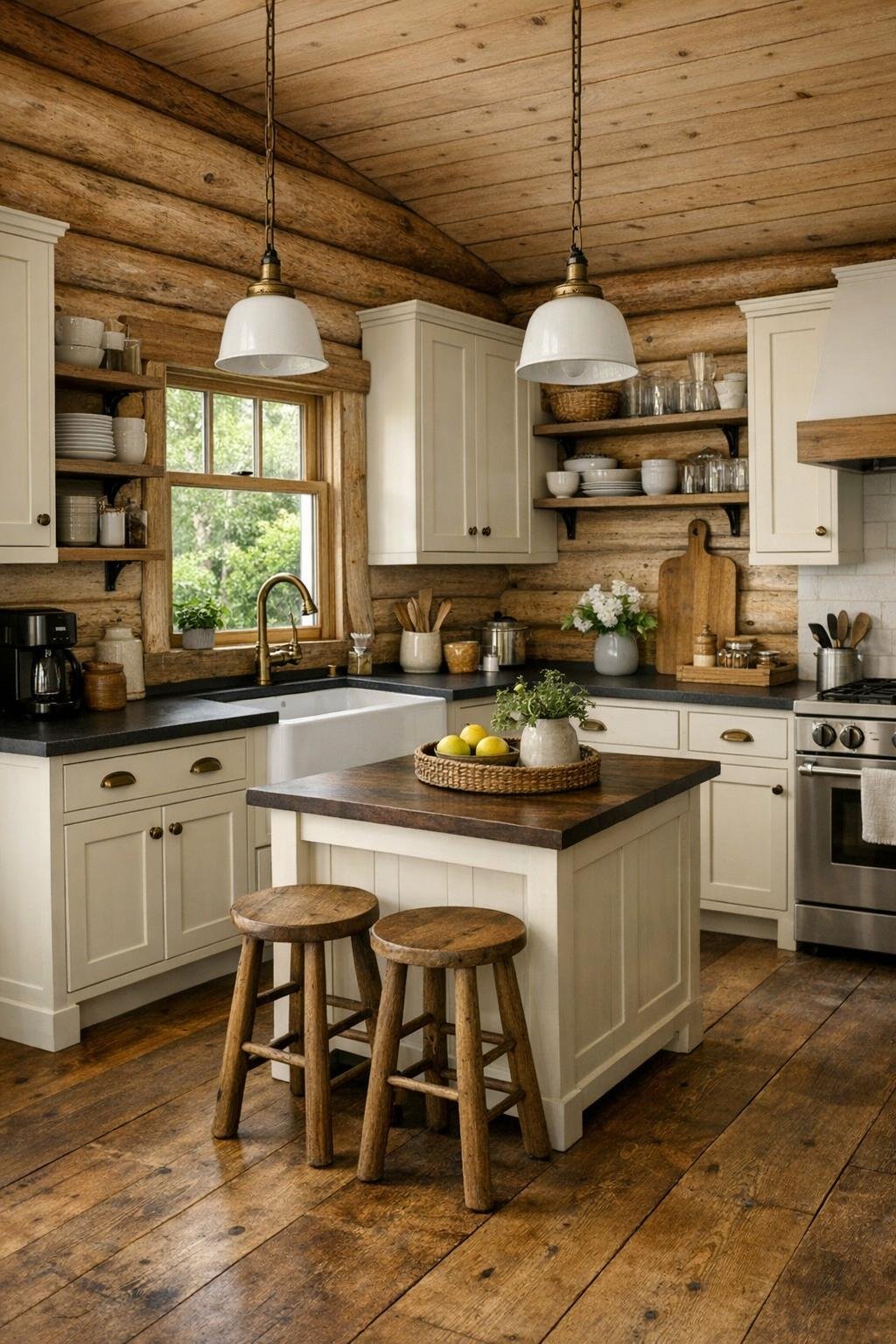 Bright rustic kitchen with cream cabinets, dark counters, farmhouse sink, and a small island with stools