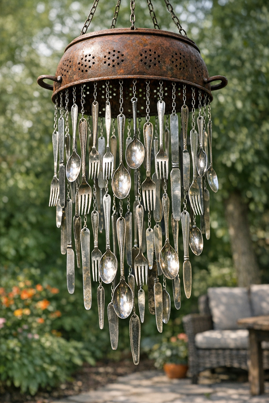 Finished giant silverware wind chime hanging outdoors