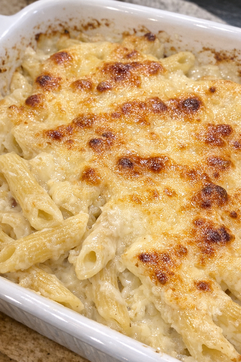 Creamy baked brie penne in a white casserole dish