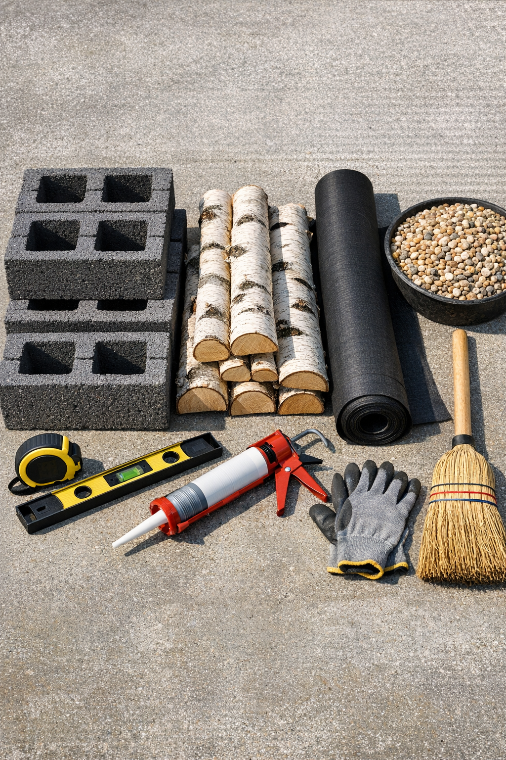 Materials for a cinder block and birch log porch display laid out together