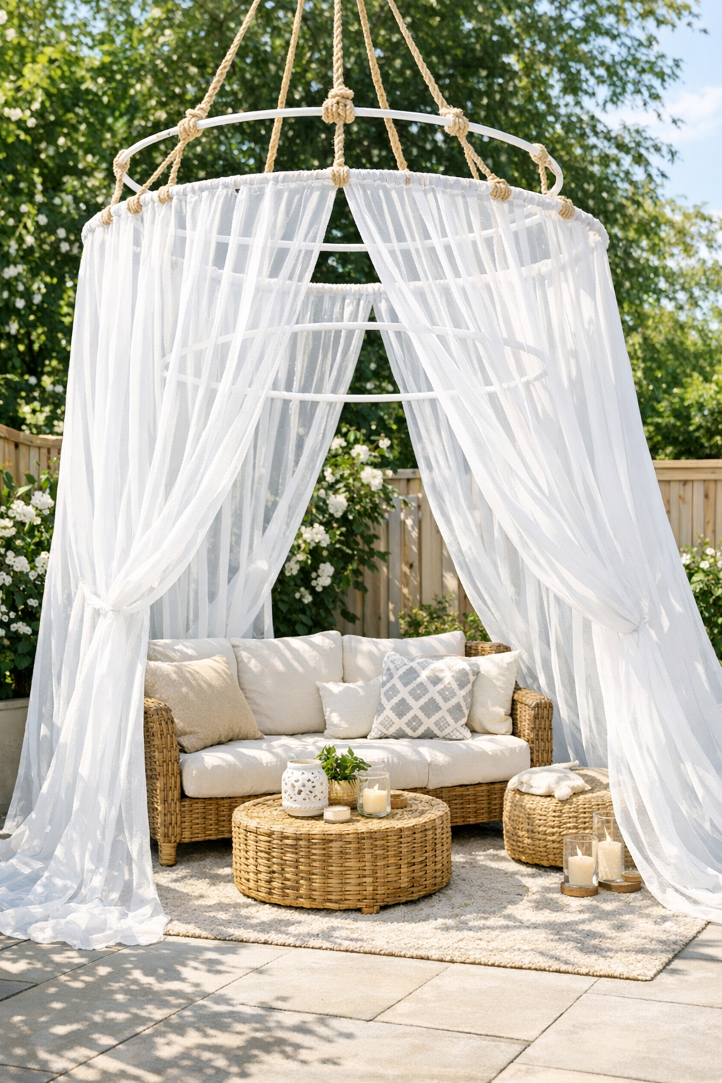 Finished outdoor mosquito net canopy over patio seating