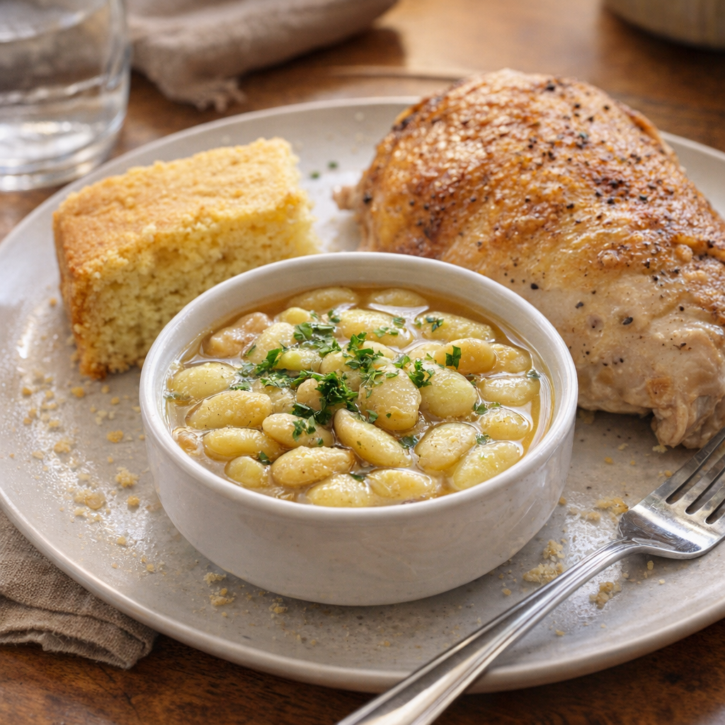 Angled dinner table shot of lima beans served with cornbread and roast chicken