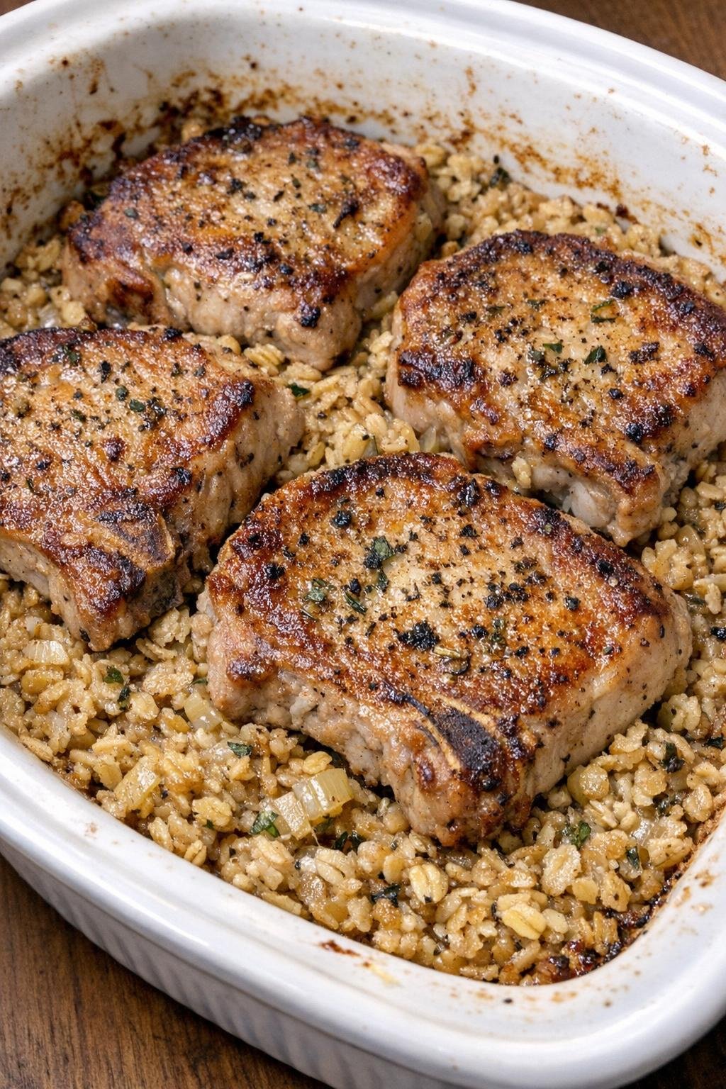 Golden browned pork chops nestled in oatmeal stuffing in a white casserole dish