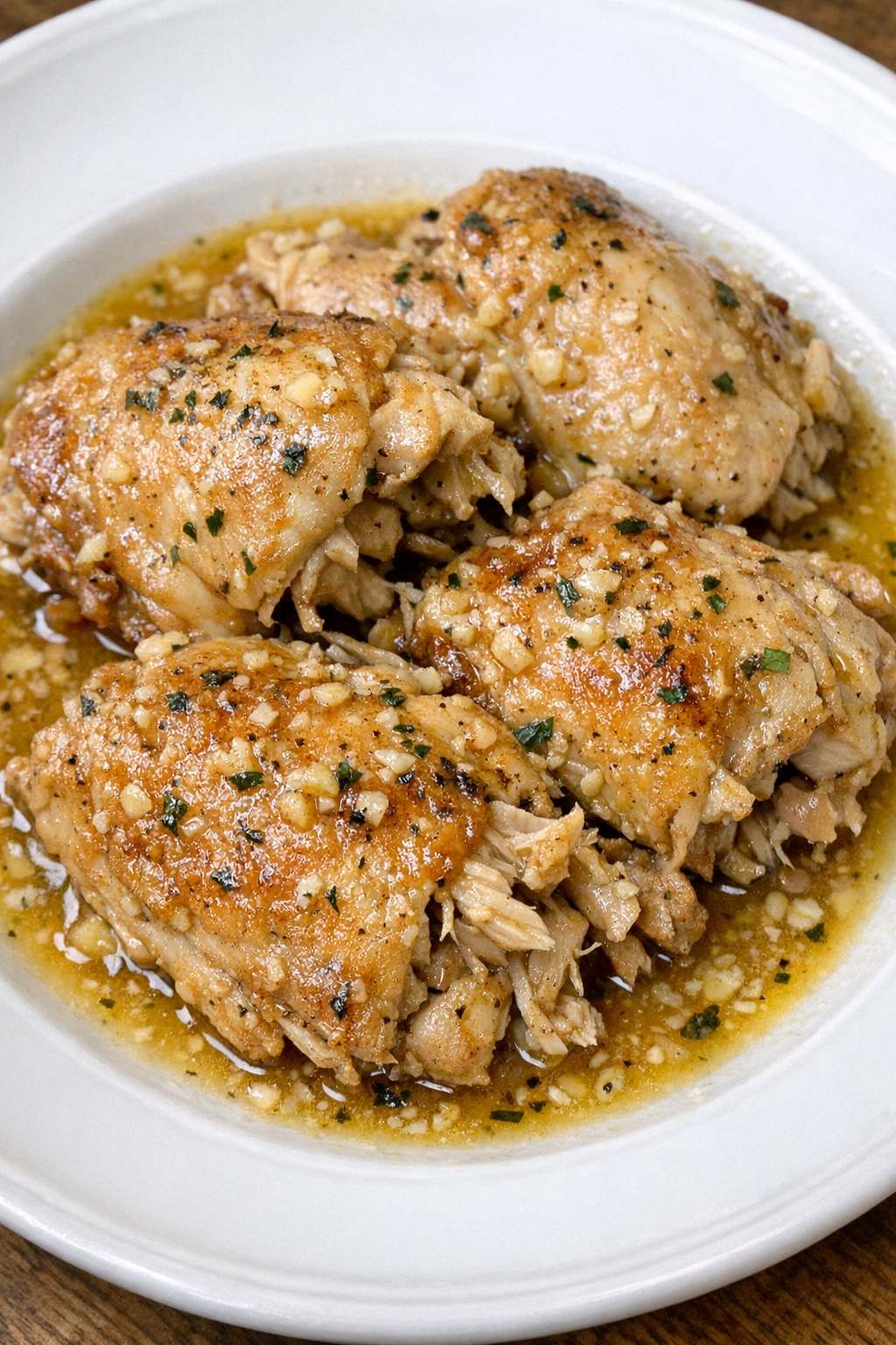 Slow cooker Amish garlic butter chicken plated on a white ceramic plate