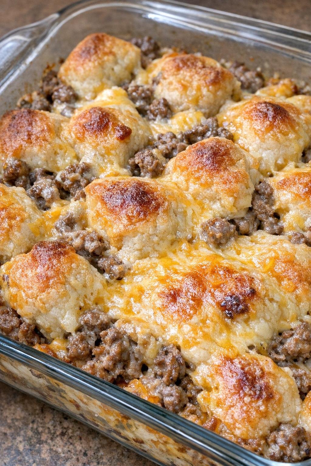 Cheeseburger bubble up bake in a glass casserole dish