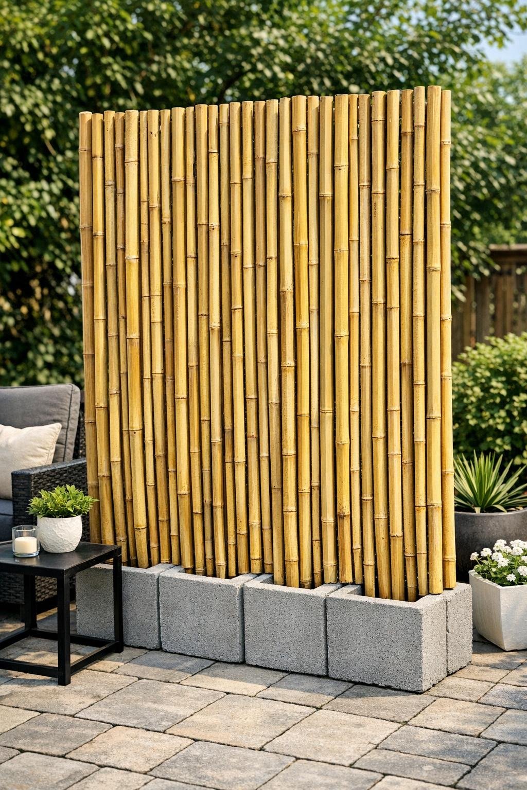 Finished bamboo stake patio privacy screen set into grey cinder blocks