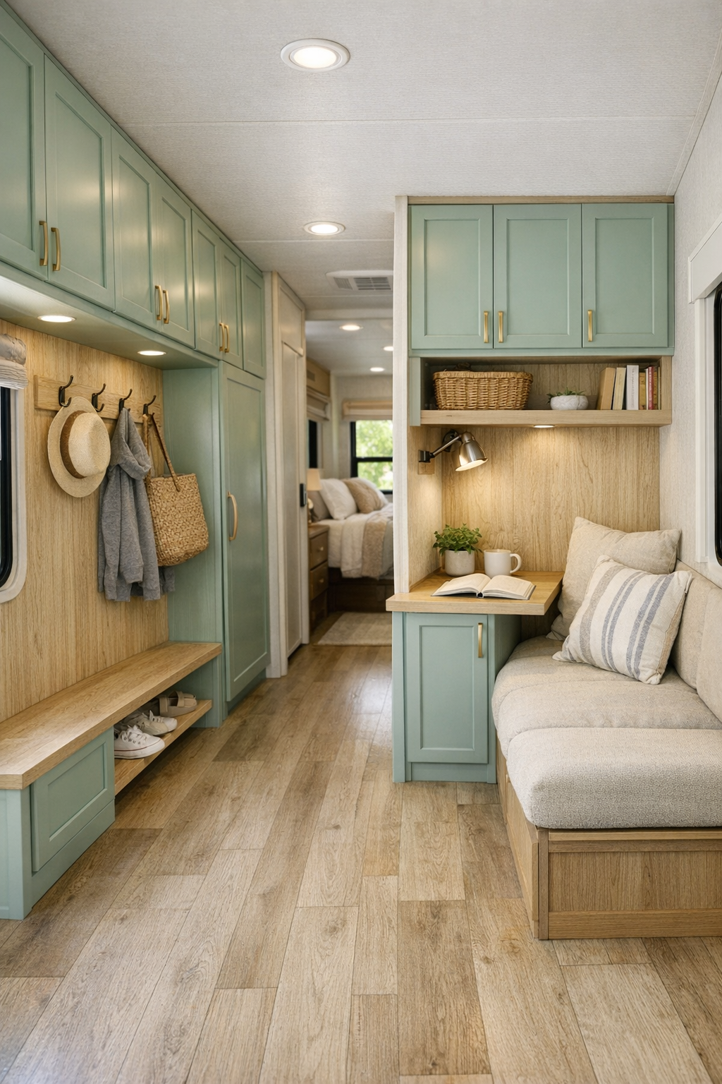 Accessible RV hallway and flexible nook with built-in storage