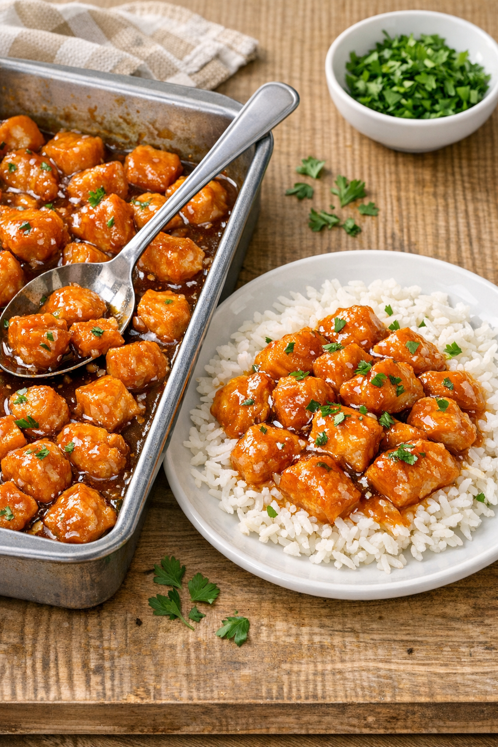 Finished baked chicken chunks in a 9x13 pan with glossy amber sauce