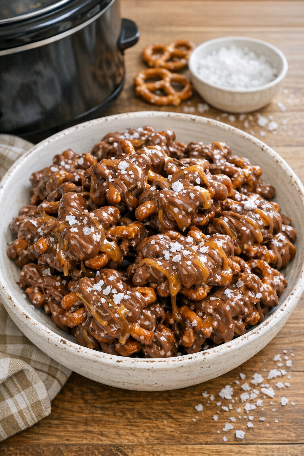 Finished chocolate caramel pretzel dessert