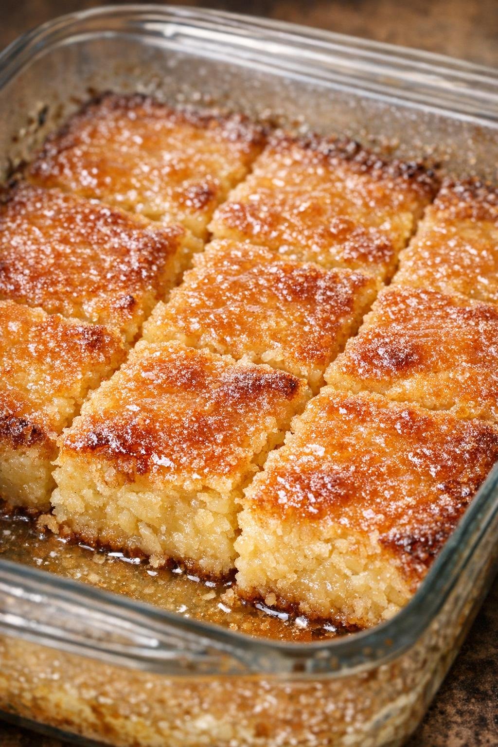 Southern butter squares baked in a glass casserole dish