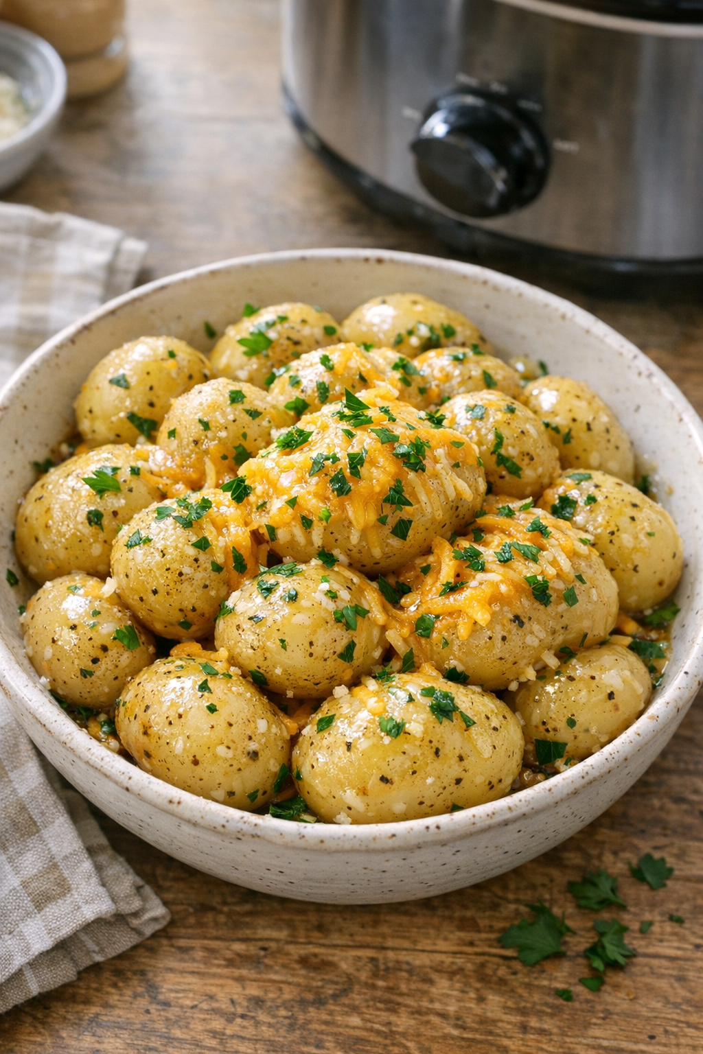 Finished cheesy slow cooker new potatoes in a serving bowl