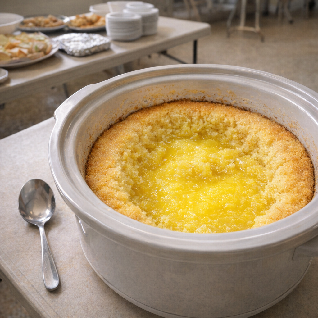 Warm lemon pudding cake served at a church basement gathering