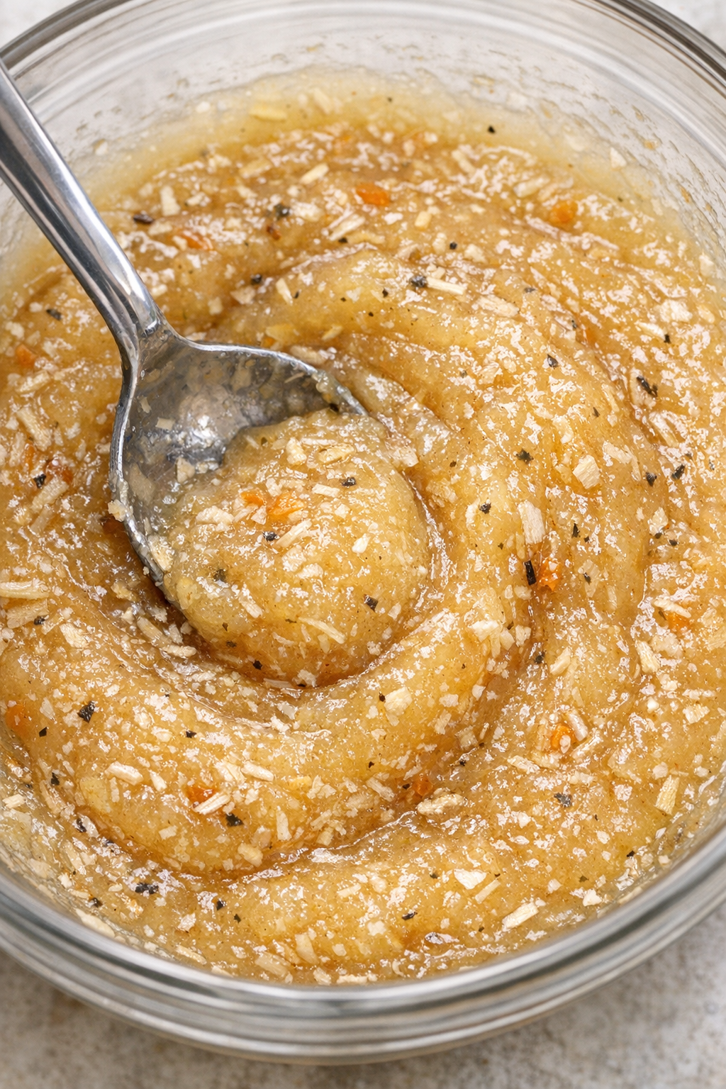 Applesauce and onion soup mix stirred together in a bowl